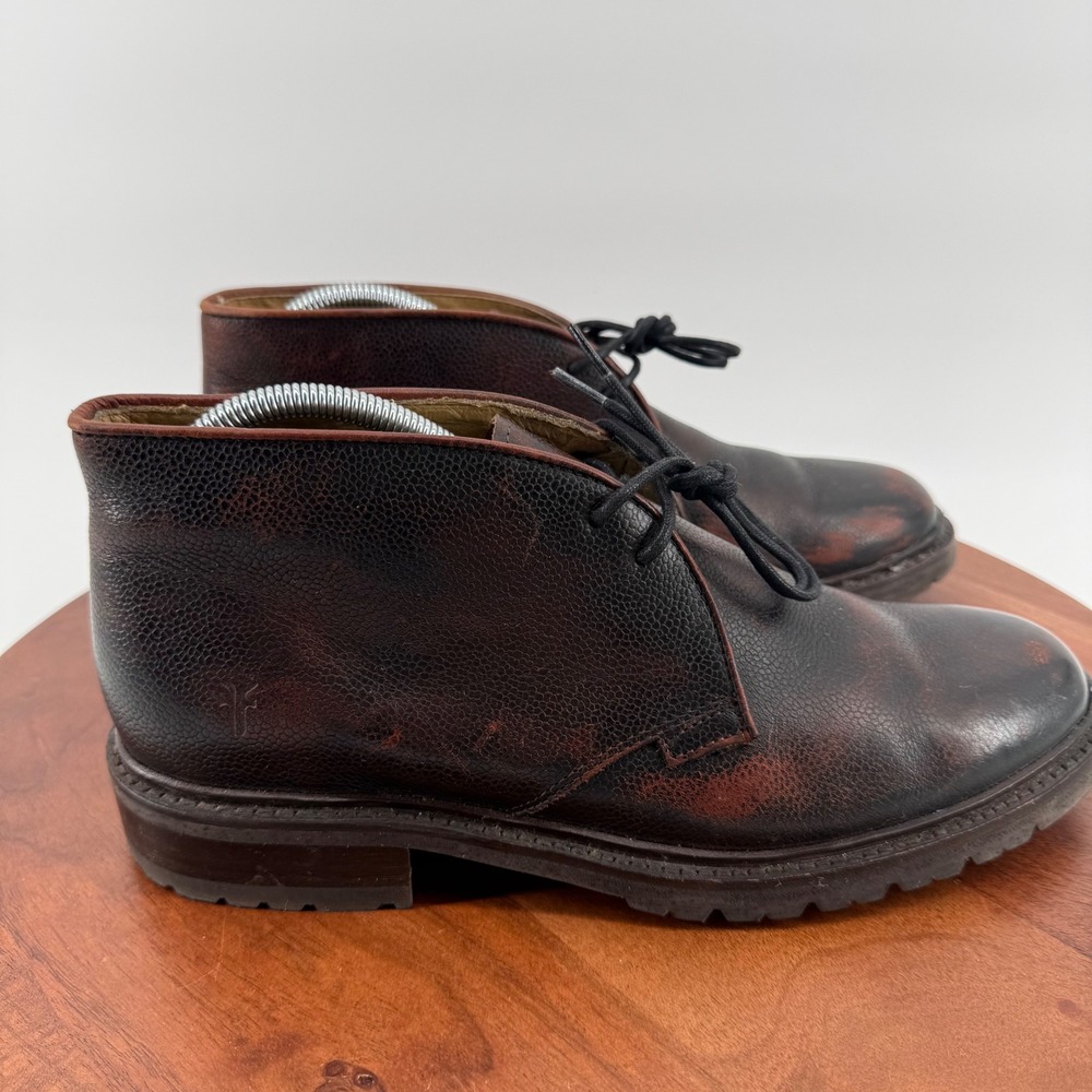 Frye John Addison Mens 8.5 D Dark Brown Pebbled Leather‎ Chukka Lug Boots 4001